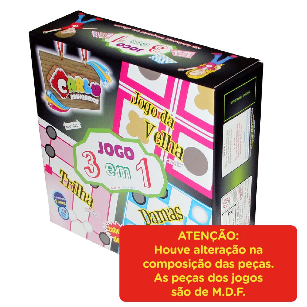 Carlu Brinquedos - Trilha, Damas, Jogo de Velha Jogos de Tabuleiro , 3 em  1, 4+ Anos, Multicolorido, 1067